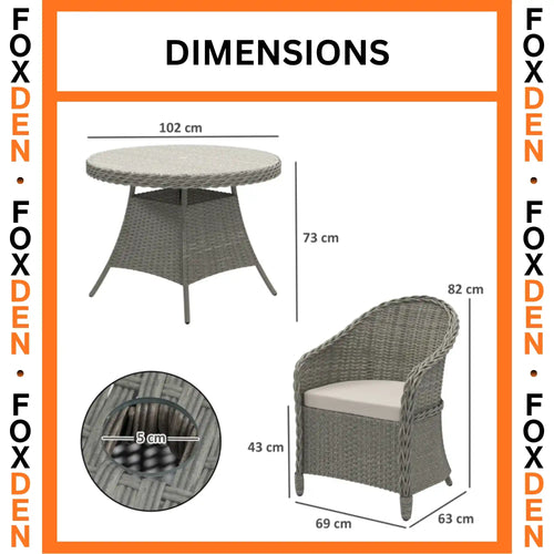 4 Seater Round Rattan Garden Dining Set with Glass Top Table, Parasol Hole and Cushions 102 x 73cm Grey