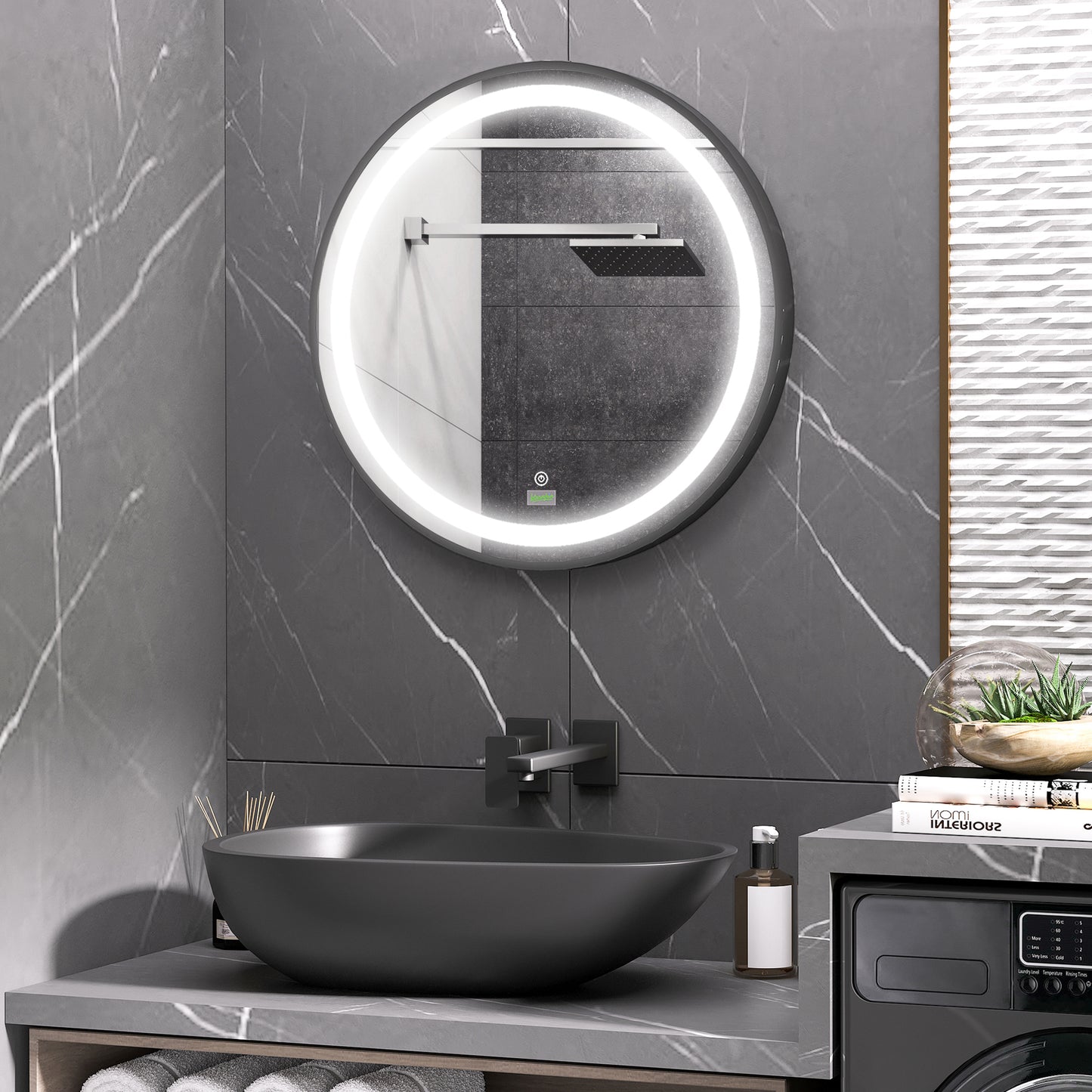 Round LED Bathroom Mirror, Dimmable Lighted Wall-Mounted Mirror with 3 Temperature Colours, Memory Function, Hardwired