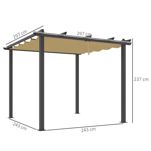 3 x 3m Aluminium Pergola with Retractable Roof and Drain Holes 297 x 297 x 237cm Khaki