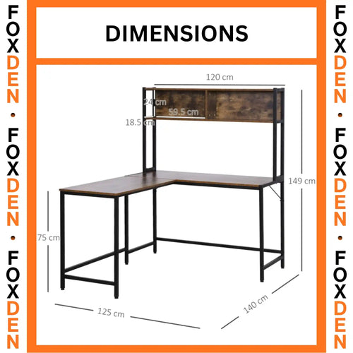 L Shaped Corner Desk with Bookshelf and Steel Frame 140 x 125cm Brown and Black