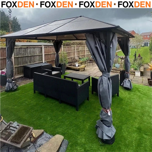 4 x 3m Hardtop Metal Frame Garden Gazebo with 4 Privacy Curtains and Mesh Netting 100kg Snow Load Capacity Grey