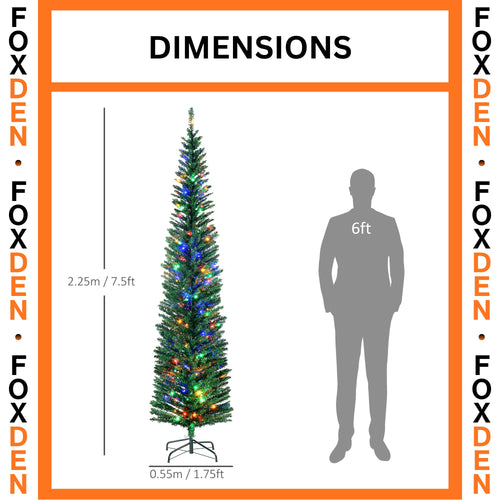 Pre-Lit Pencil Christmas Tree with 200 Multicoloured LEDs 7.5ft Green