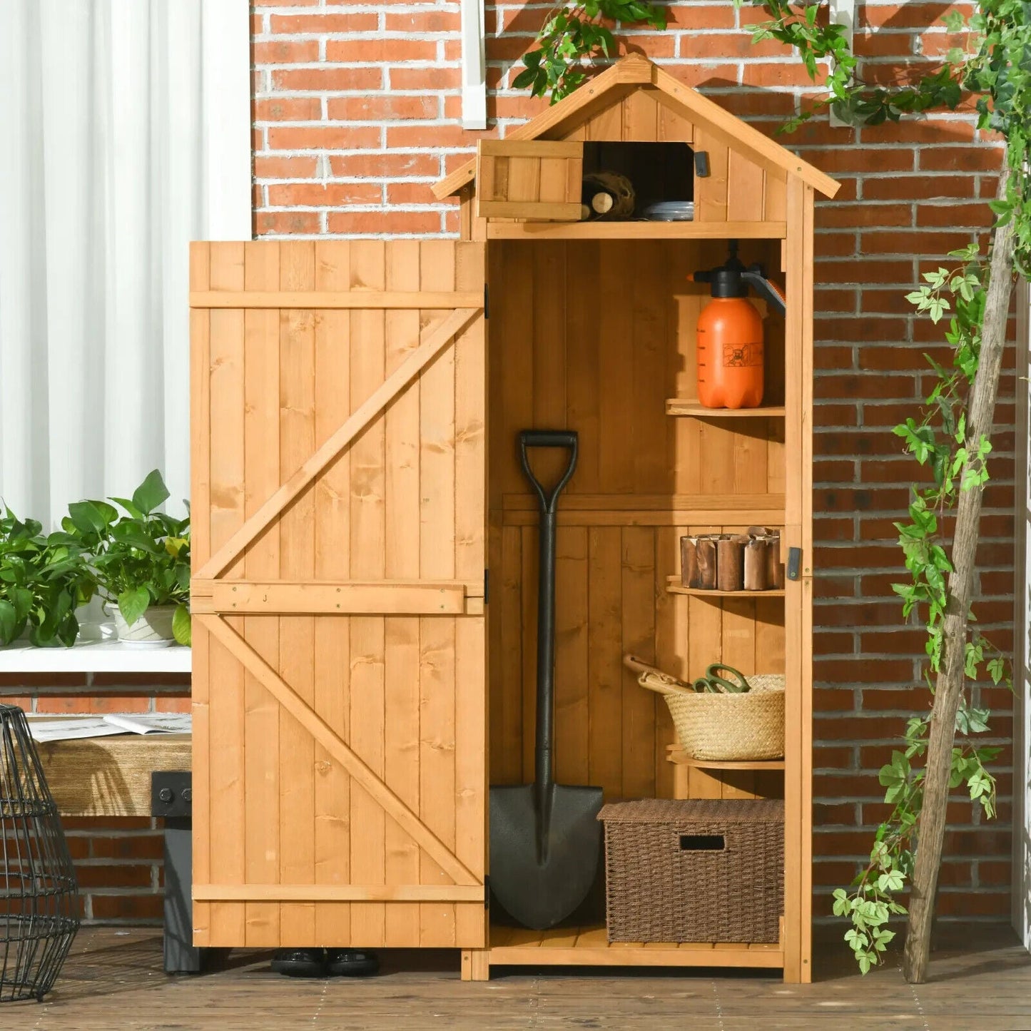 Garden Storage Shed Fir Wood Vertical Utility w/ 3 Shelves & Tool Storage Brown