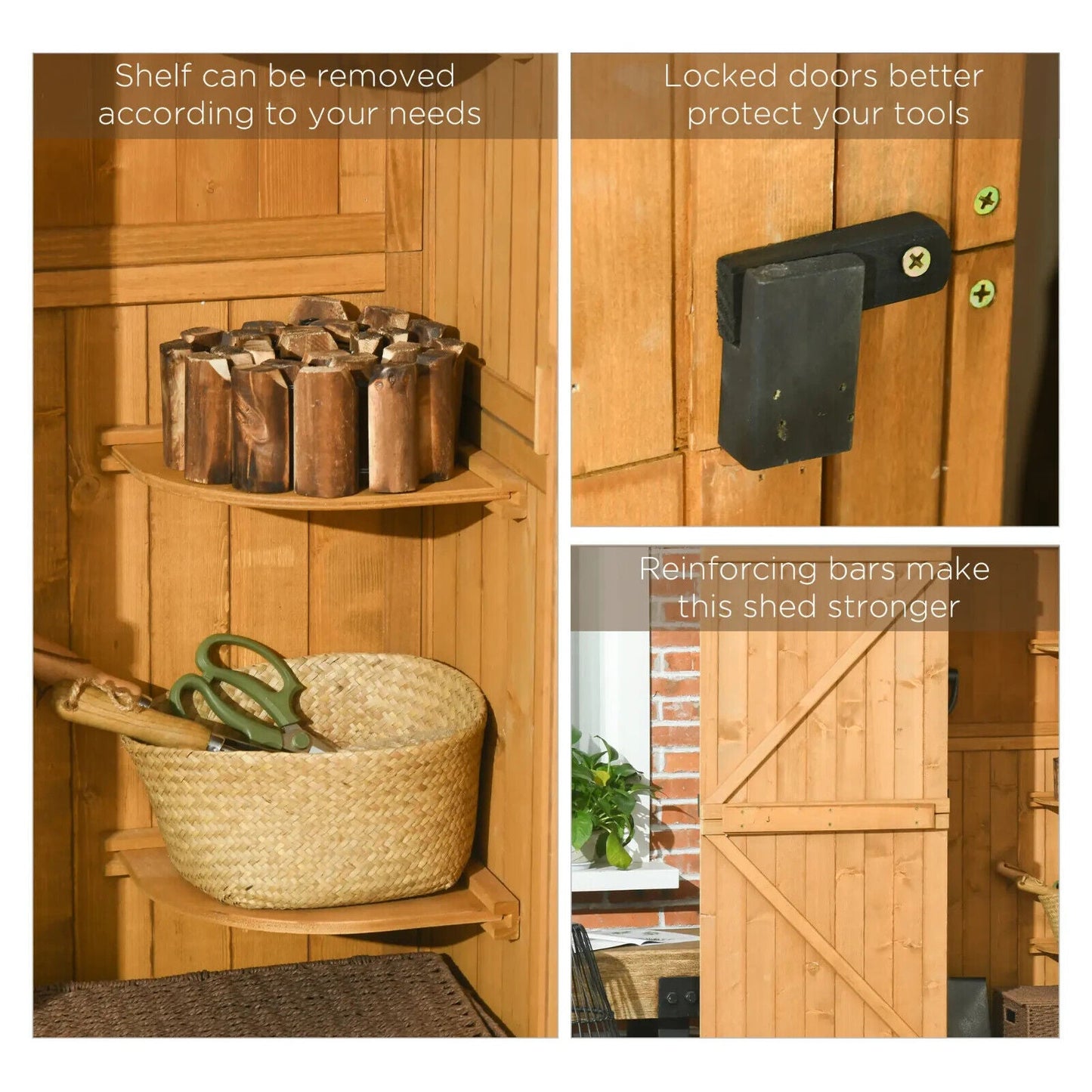 Garden Storage Shed Fir Wood Vertical Utility w/ 3 Shelves & Tool Storage Brown