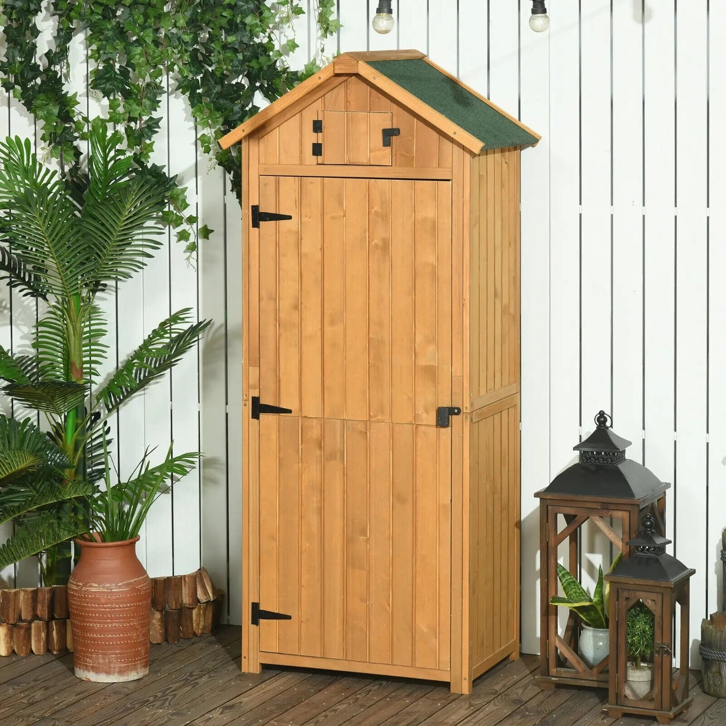 Garden Storage Shed Fir Wood Vertical Utility w/ 3 Shelves & Tool Storage Brown