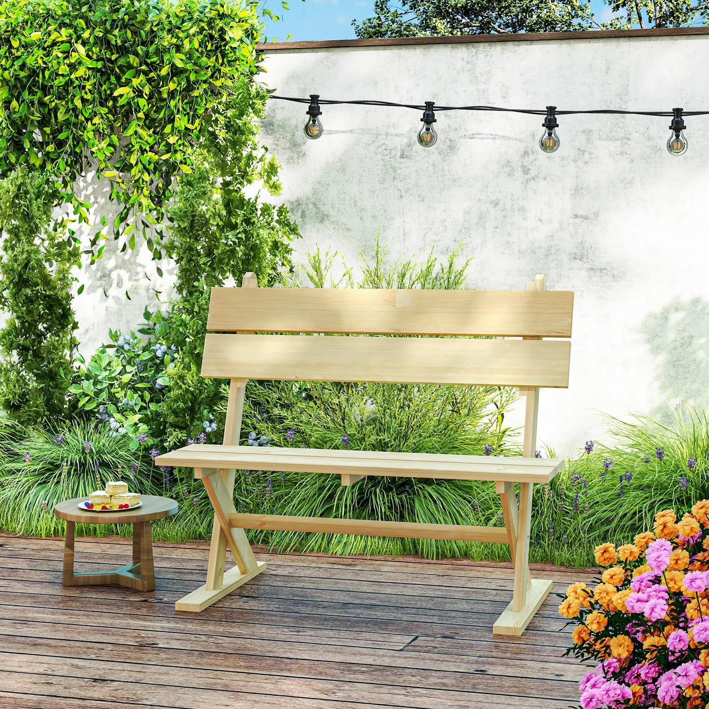 Outsunny Wooden Bench, 2 Seater, Slatted, Natural – Fir Wood Garden Seat with Wide Armrests, Sloping Backrest, and Breathable Design. Ideal for Patios, Yards, and Balconies.