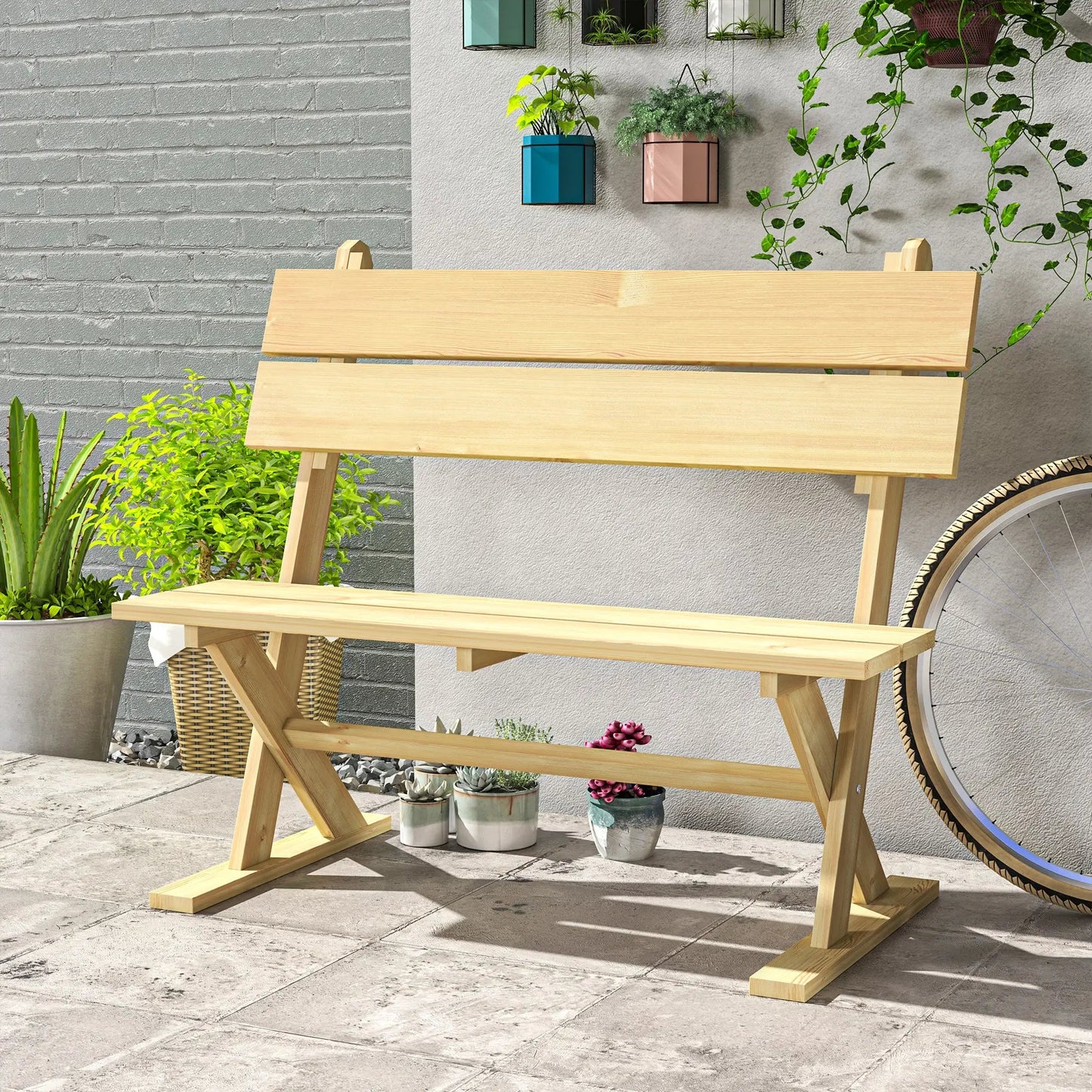 Outsunny Wooden Bench, 2 Seater, Slatted, Natural – Fir Wood Garden Seat with Wide Armrests, Sloping Backrest, and Breathable Design. Ideal for Patios, Yards, and Balconies.