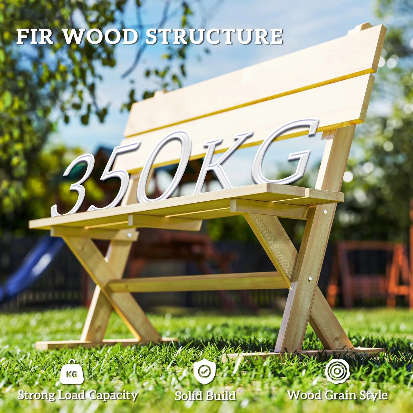 Outsunny Wooden Bench, 2 Seater, Slatted, Natural – Fir Wood Garden Seat with Wide Armrests, Sloping Backrest, and Breathable Design. Ideal for Patios, Yards, and Balconies.
