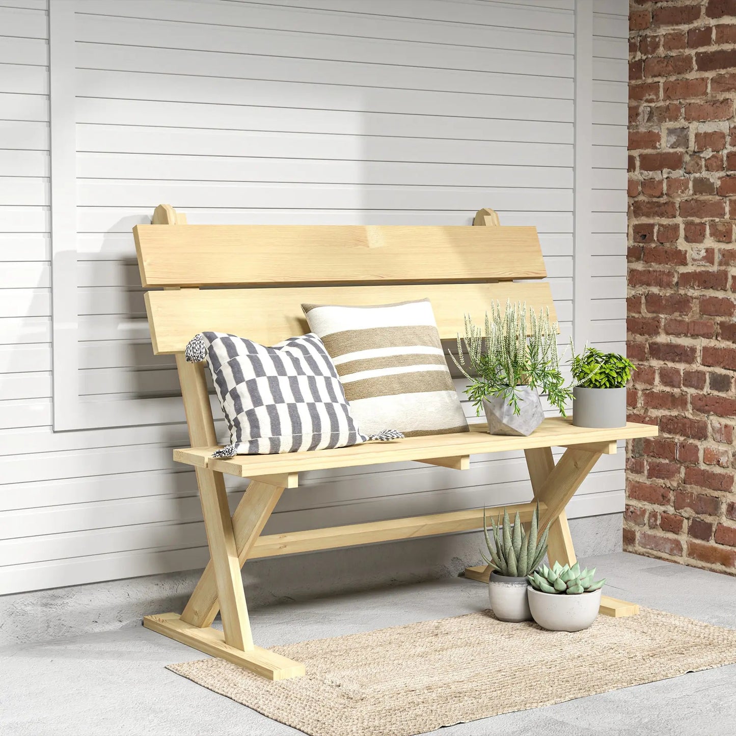 Outsunny Wooden Bench, 2 Seater, Slatted, Natural – Fir Wood Garden Seat with Wide Armrests, Sloping Backrest, and Breathable Design. Ideal for Patios, Yards, and Balconies.