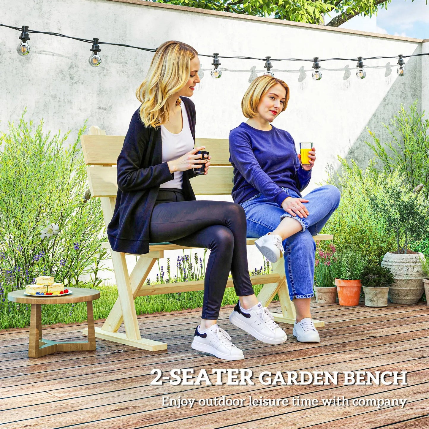 Outsunny Wooden Bench, 2 Seater, Slatted, Natural – Fir Wood Garden Seat with Wide Armrests, Sloping Backrest, and Breathable Design. Ideal for Patios, Yards, and Balconies.
