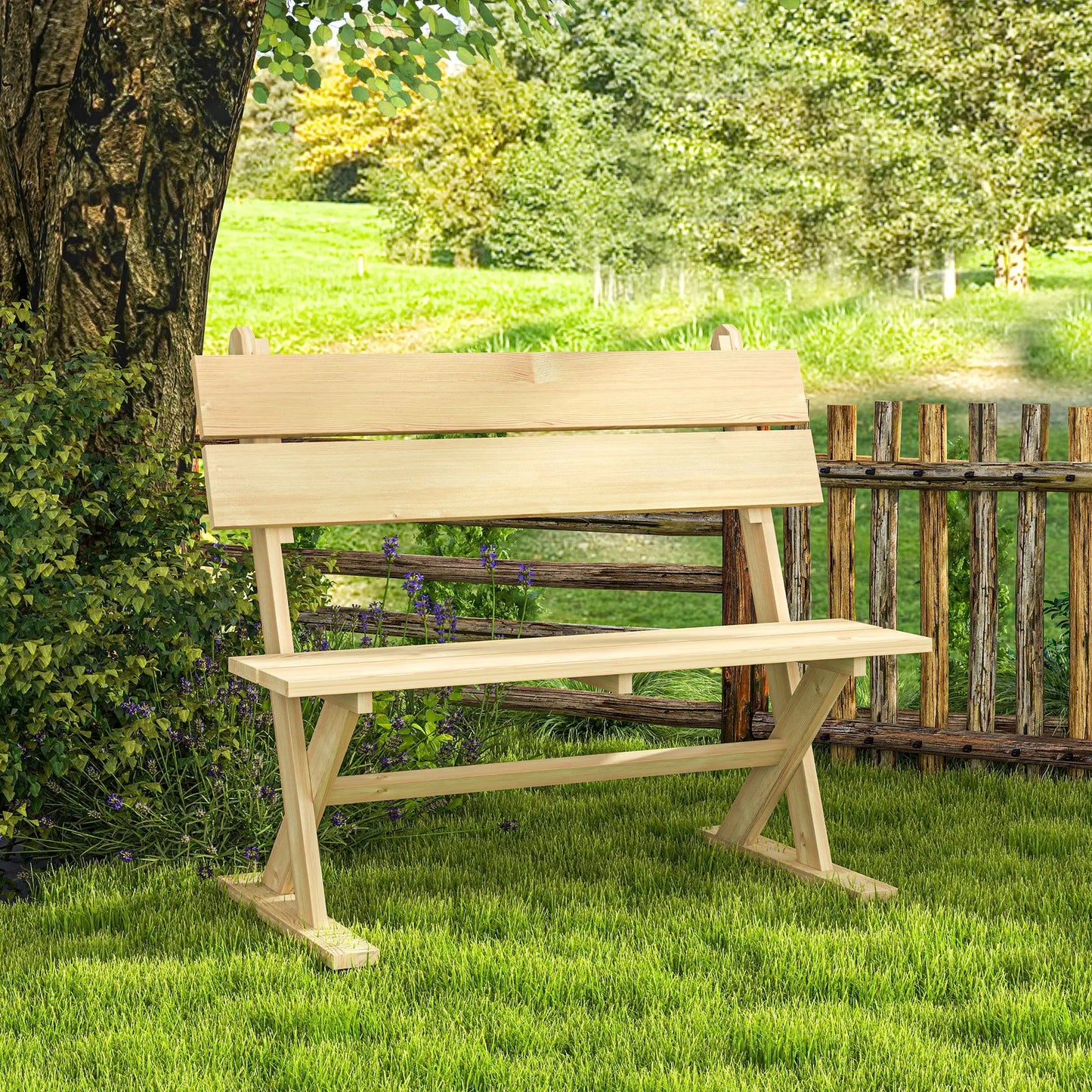 Outsunny Wooden Bench, 2 Seater, Slatted, Natural – Fir Wood Garden Seat with Wide Armrests, Sloping Backrest, and Breathable Design. Ideal for Patios, Yards, and Balconies.