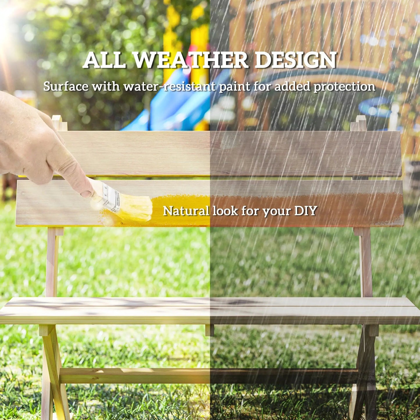 Outsunny Wooden Bench, 2 Seater, Slatted, Natural – Fir Wood Garden Seat with Wide Armrests, Sloping Backrest, and Breathable Design. Ideal for Patios, Yards, and Balconies.