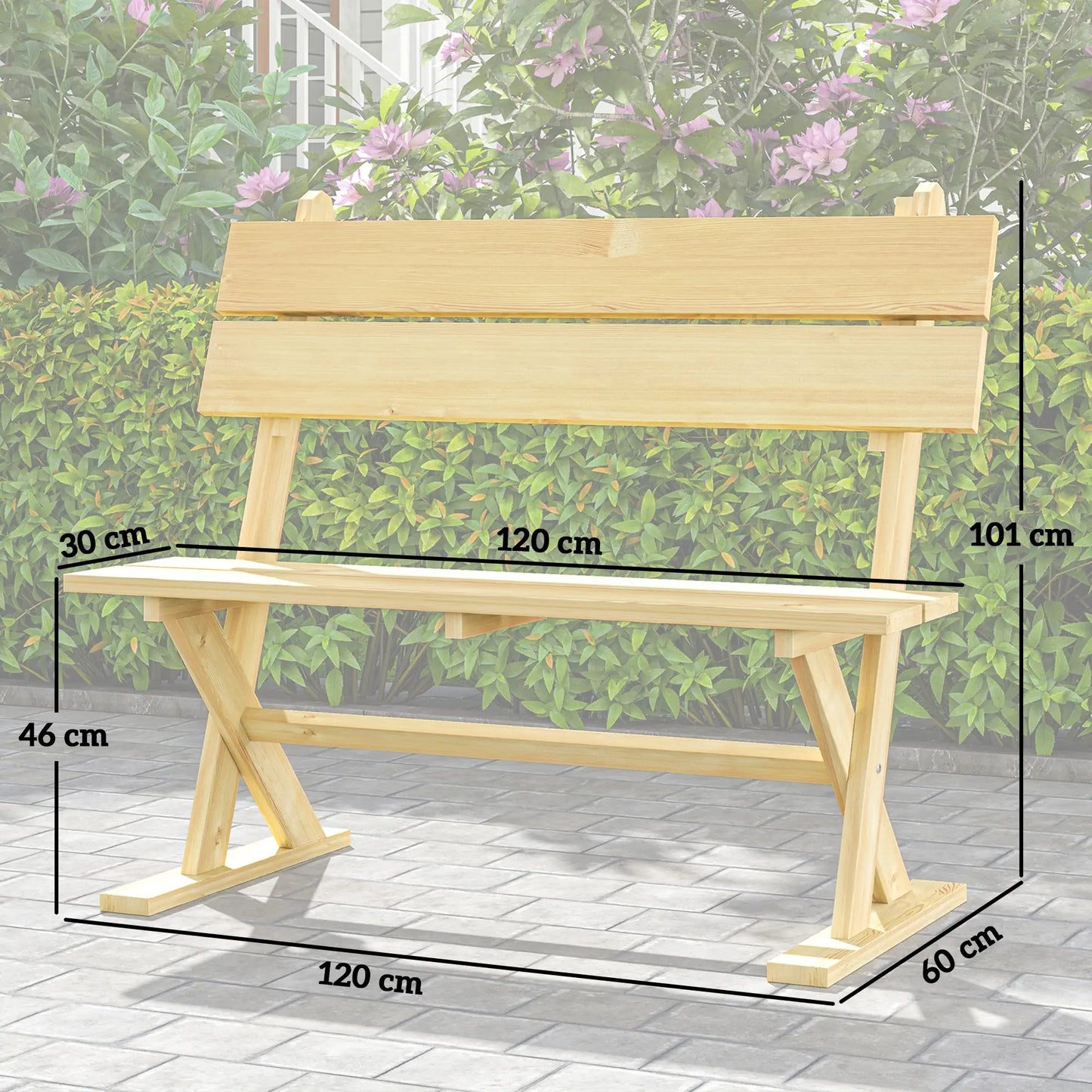 Outsunny Wooden Bench, 2 Seater, Slatted, Natural – Fir Wood Garden Seat with Wide Armrests, Sloping Backrest, and Breathable Design. Ideal for Patios, Yards, and Balconies.