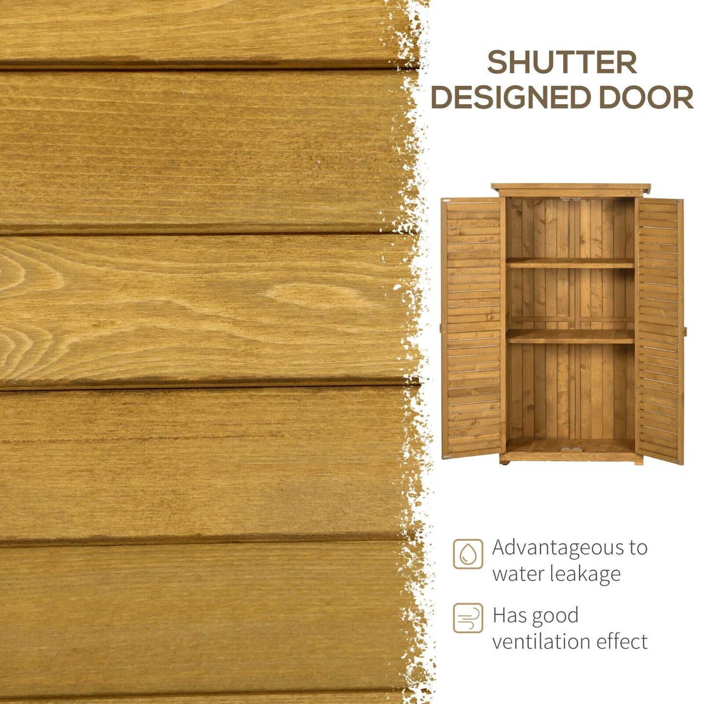 Garden Storage Shed Wooden Lockable Double Doors w/ 3-Tier Shelves Natural wood