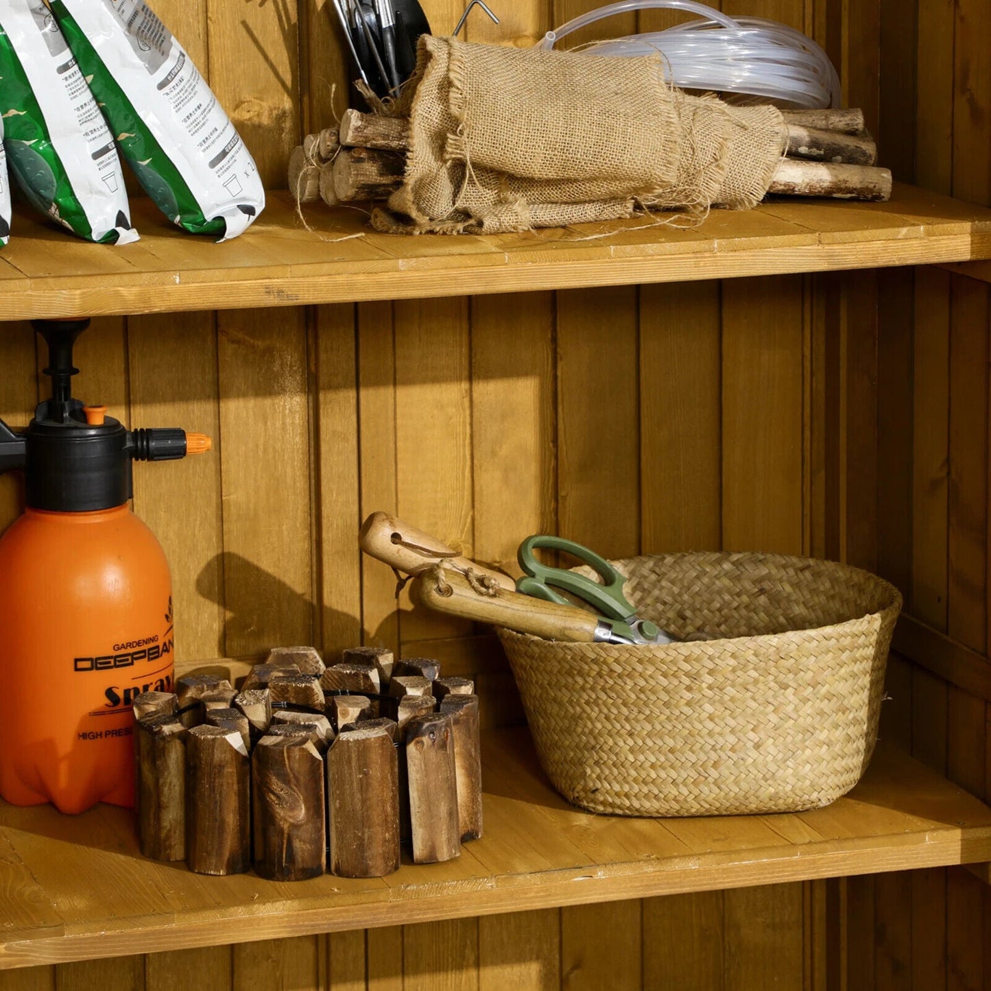 Garden Storage Shed Wooden Lockable Double Doors w/ 3-Tier Shelves Natural wood