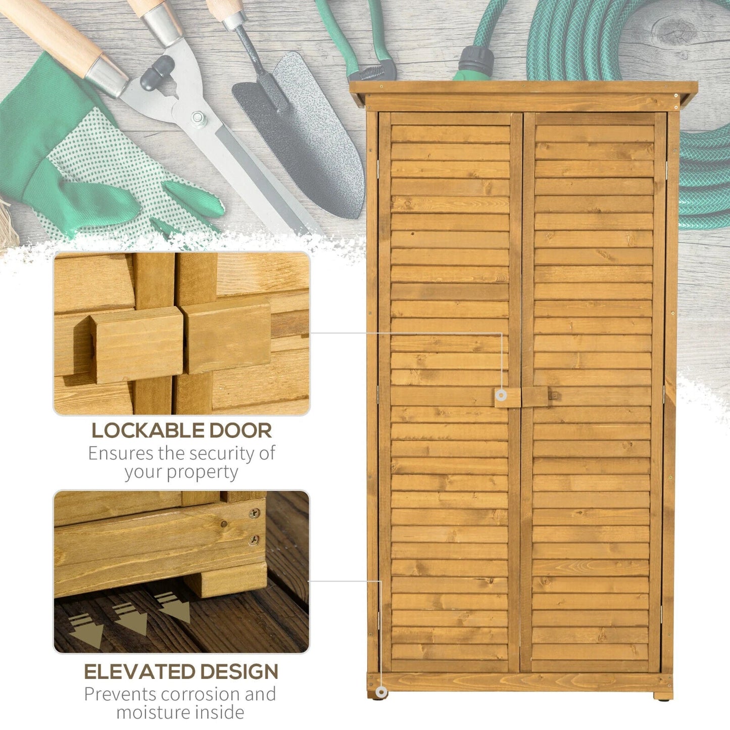 Garden Storage Shed Wooden Lockable Double Doors w/ 3-Tier Shelves Natural wood