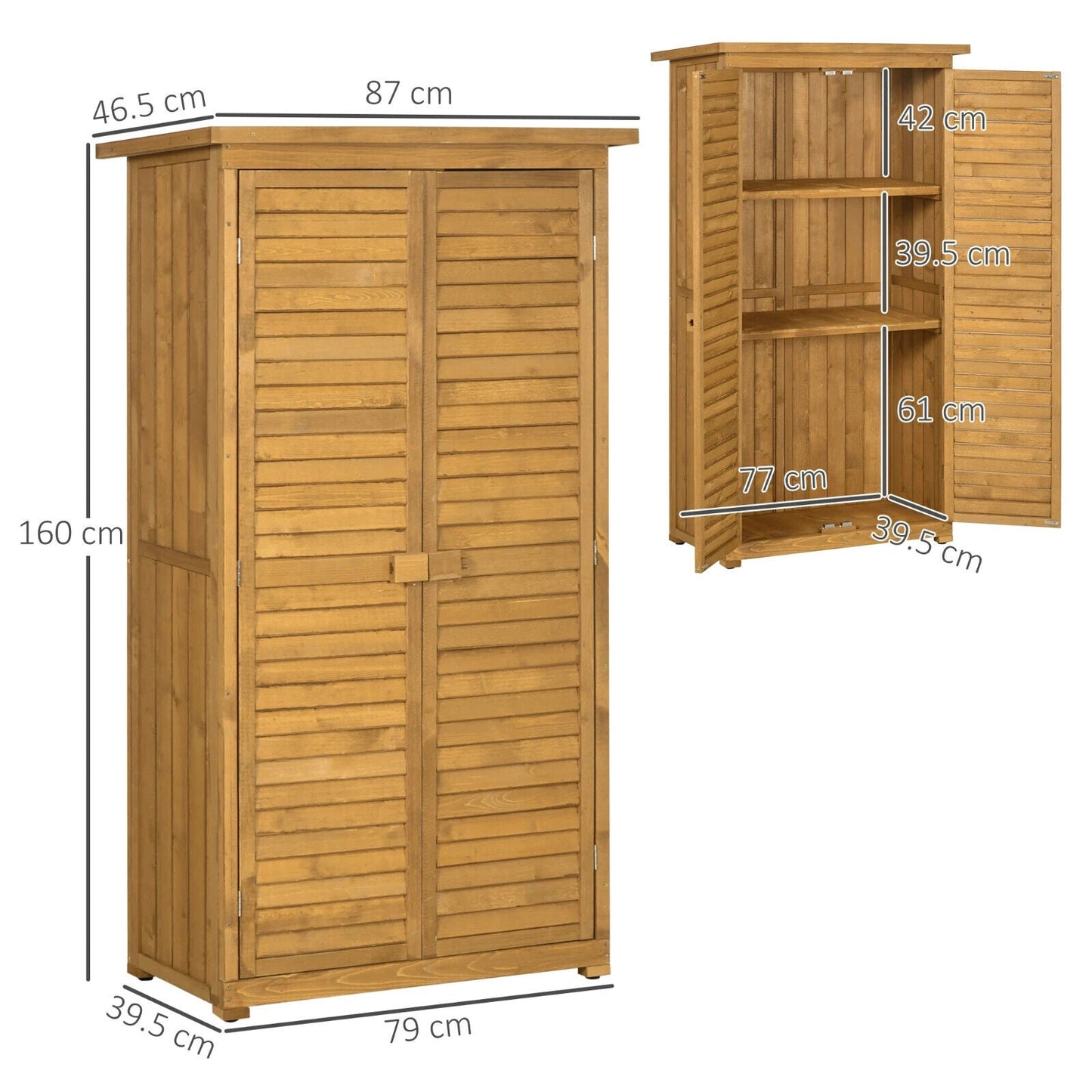 Garden Storage Shed Wooden Lockable Double Doors w/ 3-Tier Shelves Natural wood