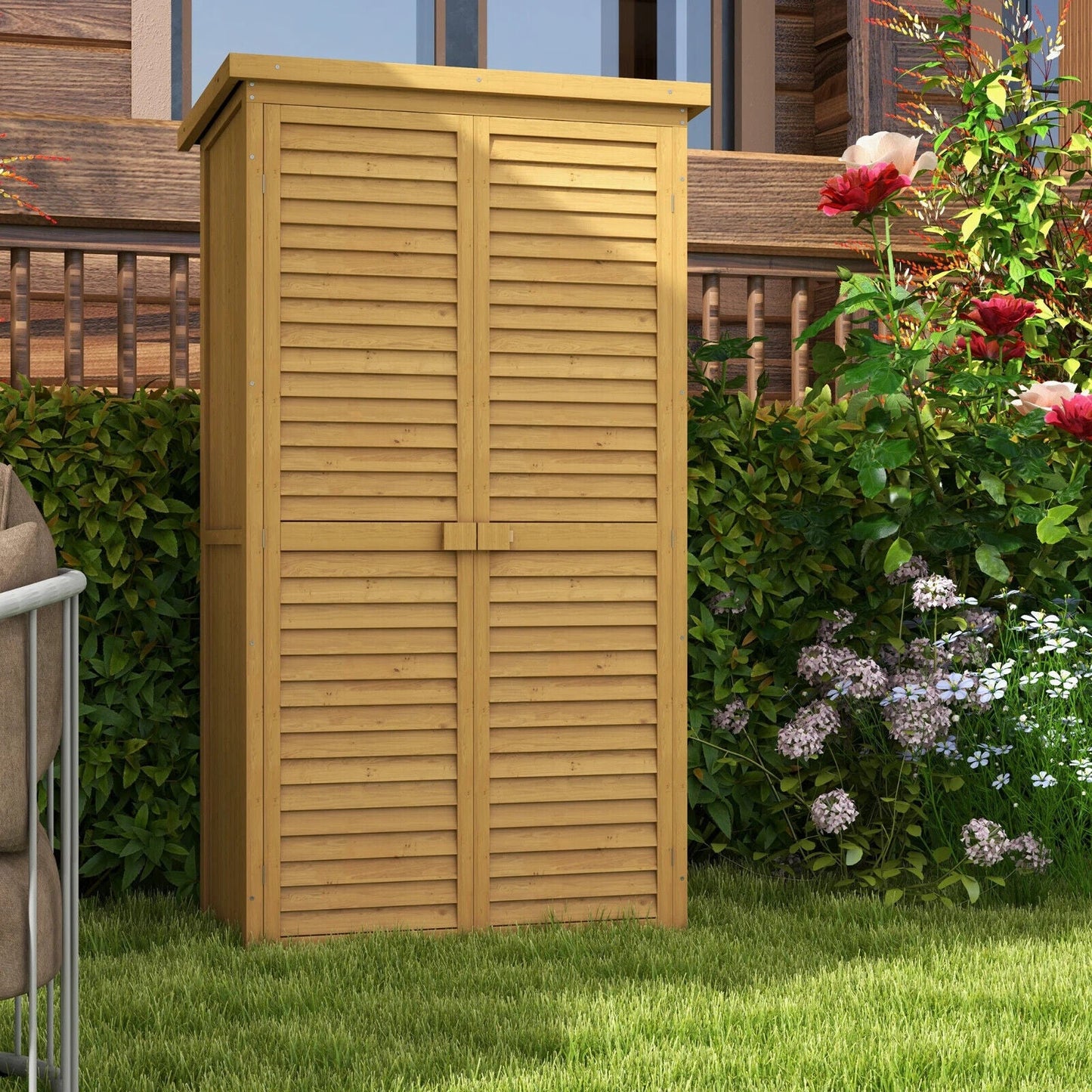 Garden Storage Shed Wooden Lockable Double Doors w/ 3-Tier Shelves Natural wood