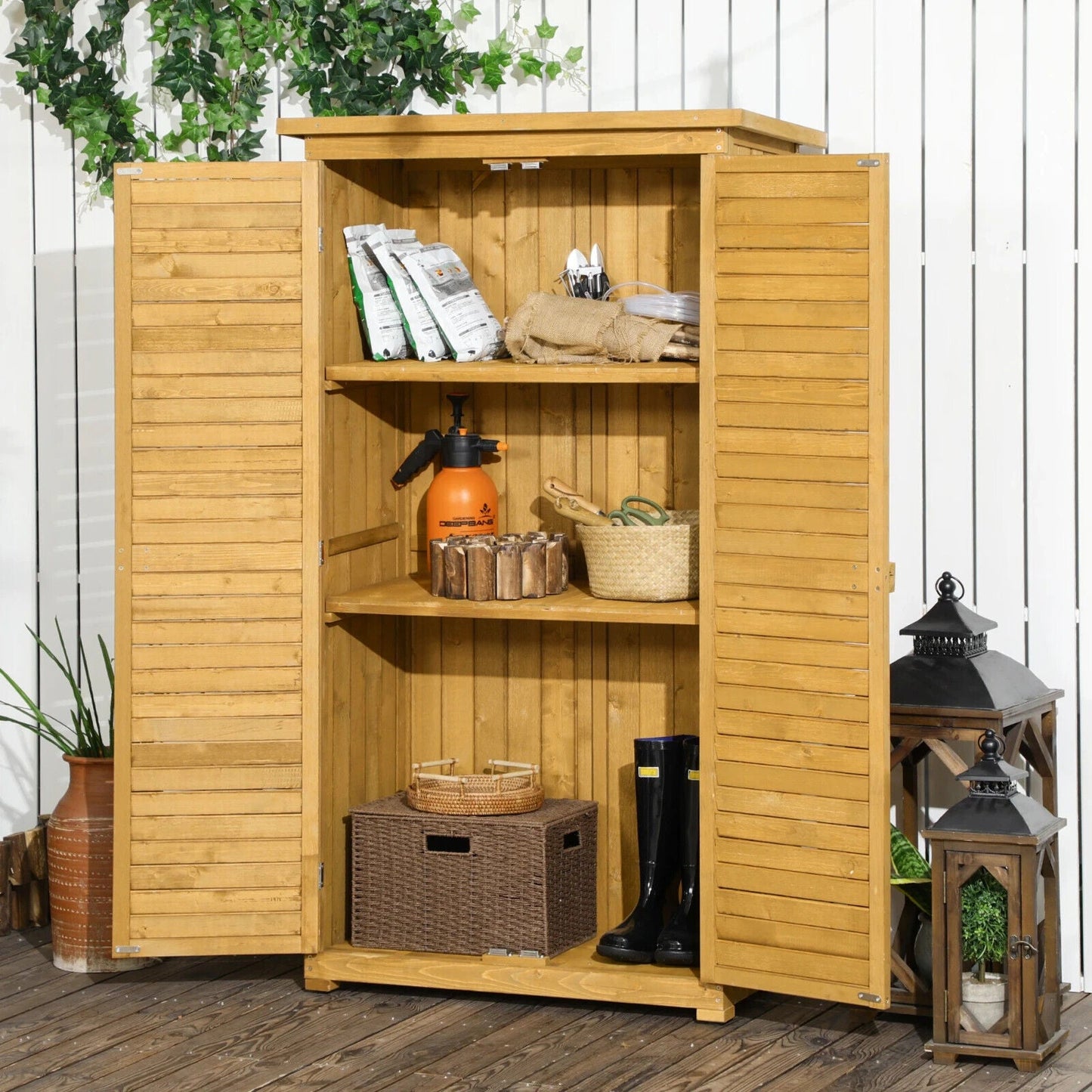 Garden Storage Shed Wooden Lockable Double Doors w/ 3-Tier Shelves Natural wood