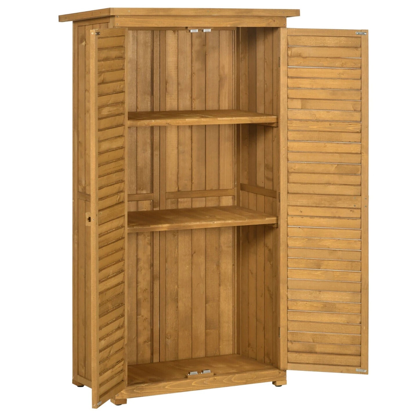 Garden Storage Shed Wooden Lockable Double Doors w/ 3-Tier Shelves Natural wood