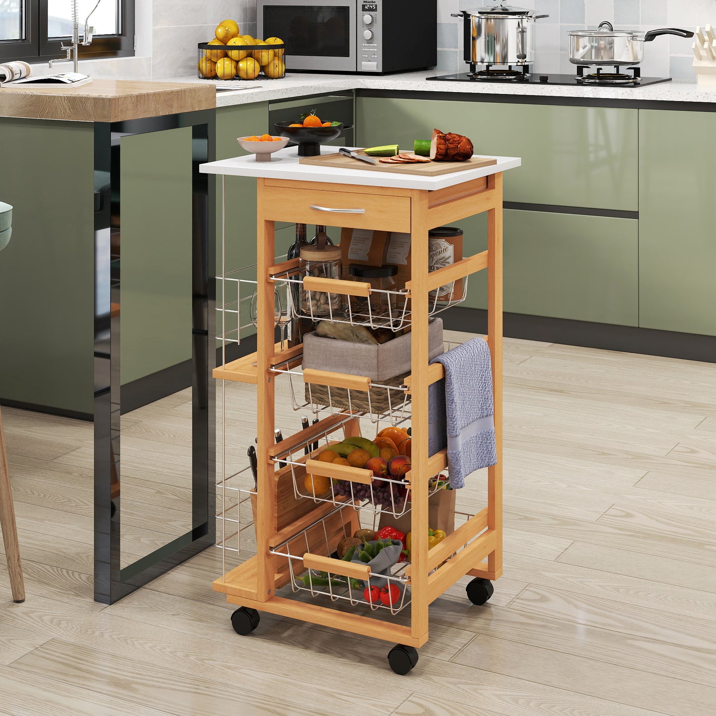 Rolling Kitchen Cart, Utility Storage Cart with 4 Basket Drawers & Side Racks, Wheels for Dining Room, Brown