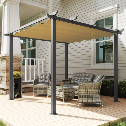 3 x 3m Aluminium Pergola with Retractable Roof and Drain Holes 297 x 297 x 237cm Khaki
