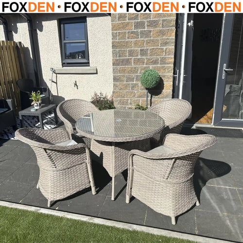 Outsunny 4 Seater Rattan Garden Furniture Set with Cushions, Round PE Rattan Dining Set with Glass-Top Table, Umbrella Hole, Outdoor Garden Table and Chairs, Grey