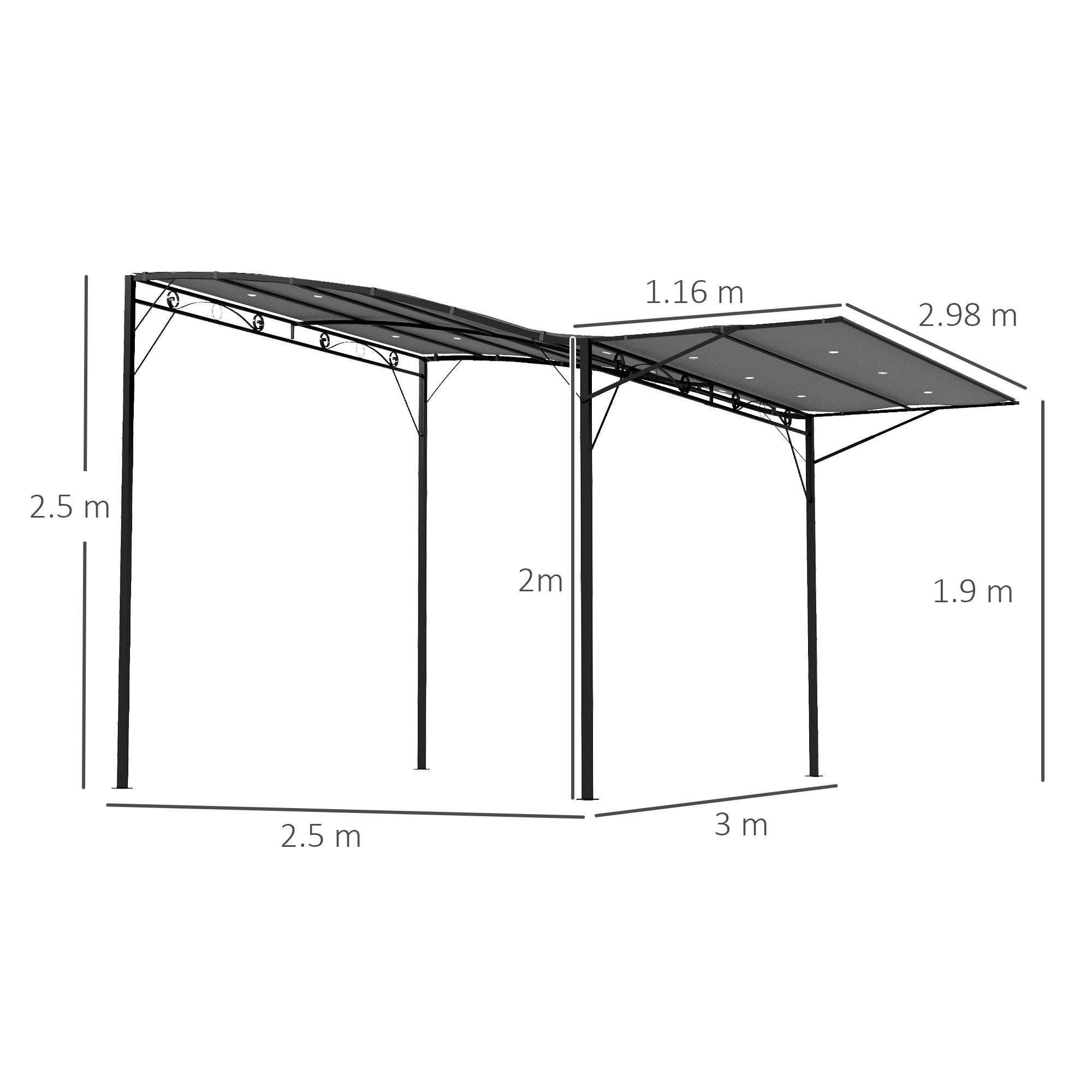Extenable Canopy For Machine 3 x 2.5m Metal Lean-To Gazebo with Extendable Awning Grey | FOXDEN | FOXDEN