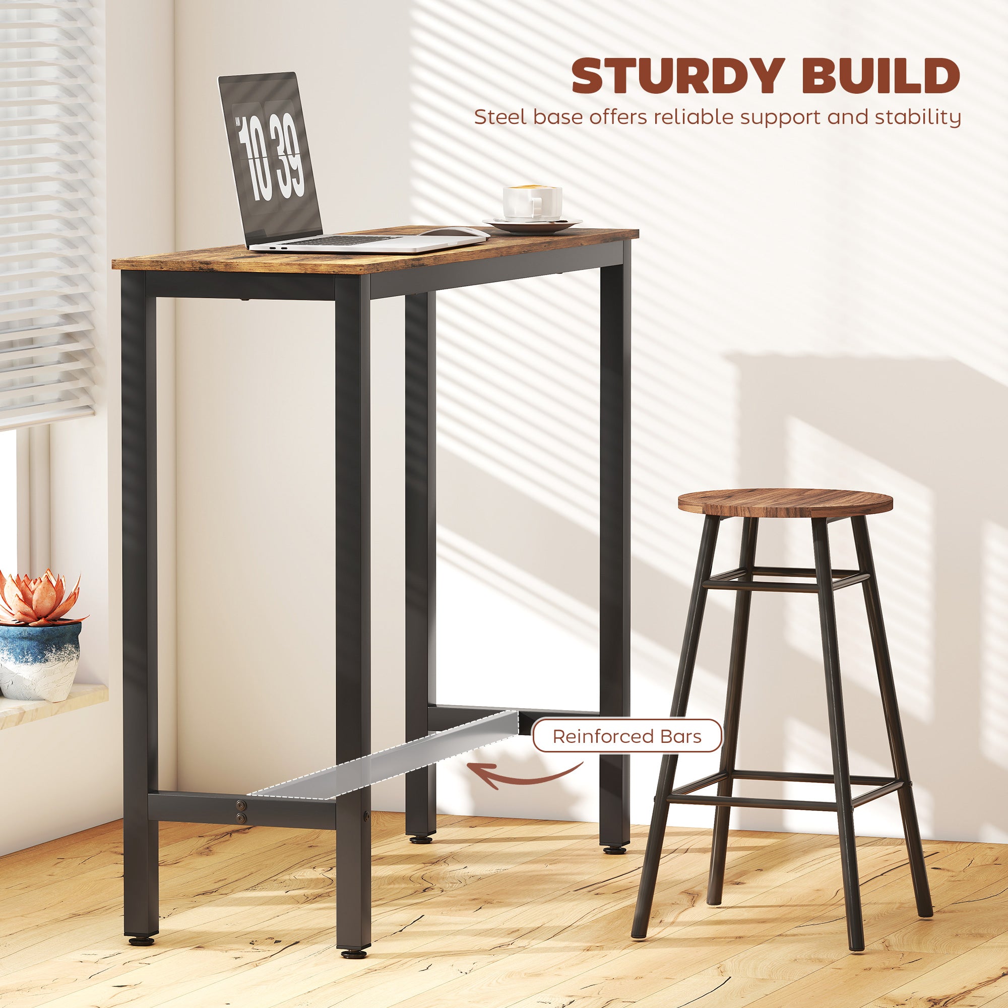 Rectangular Bar Table with Wood Effect Top Rustic Brown | FOXDEN | FOXDEN