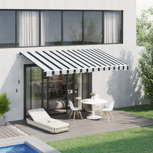 Manual Retractable Garden Awning with Hand Crank and 280gsm Polyester Canopy 3.95 x 3m Blue and White