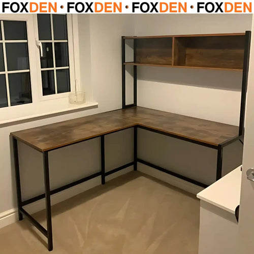 L Shaped Corner Desk with Bookshelf and Steel Frame 140 x 125cm Brown and Black