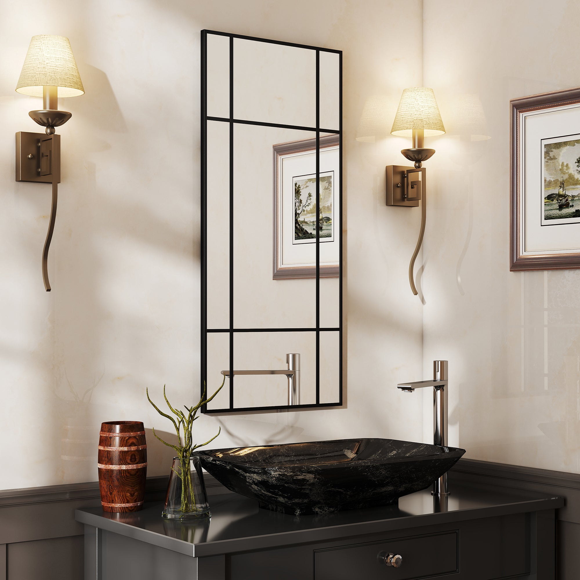 Grid Wall Mirror with 9 Panes & Back Hooks Black | FOXDEN | FOXDEN