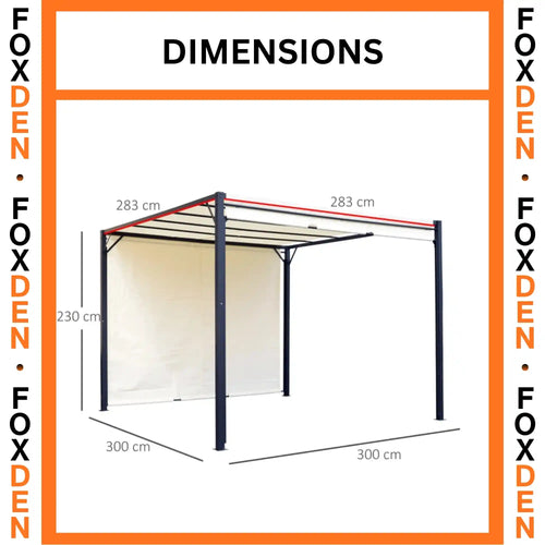 Metal Pergola with Sliding Adjustable Canopy 3 x 3 x 2.3m Garden Gazebo Sun Shelter Cream White and Black