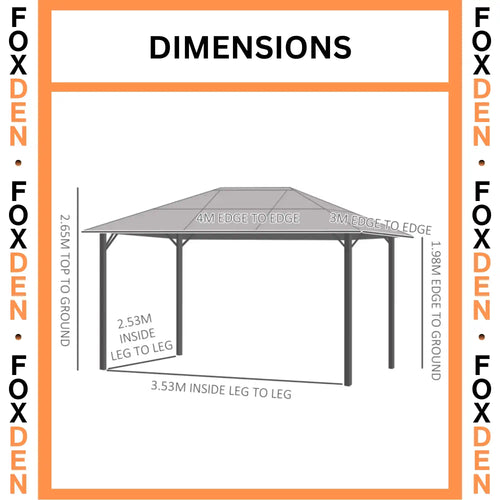 4 x 3m Hardtop Metal Frame Garden Gazebo with 4 Privacy Curtains and Mesh Netting 100kg Snow Load Capacity Grey
