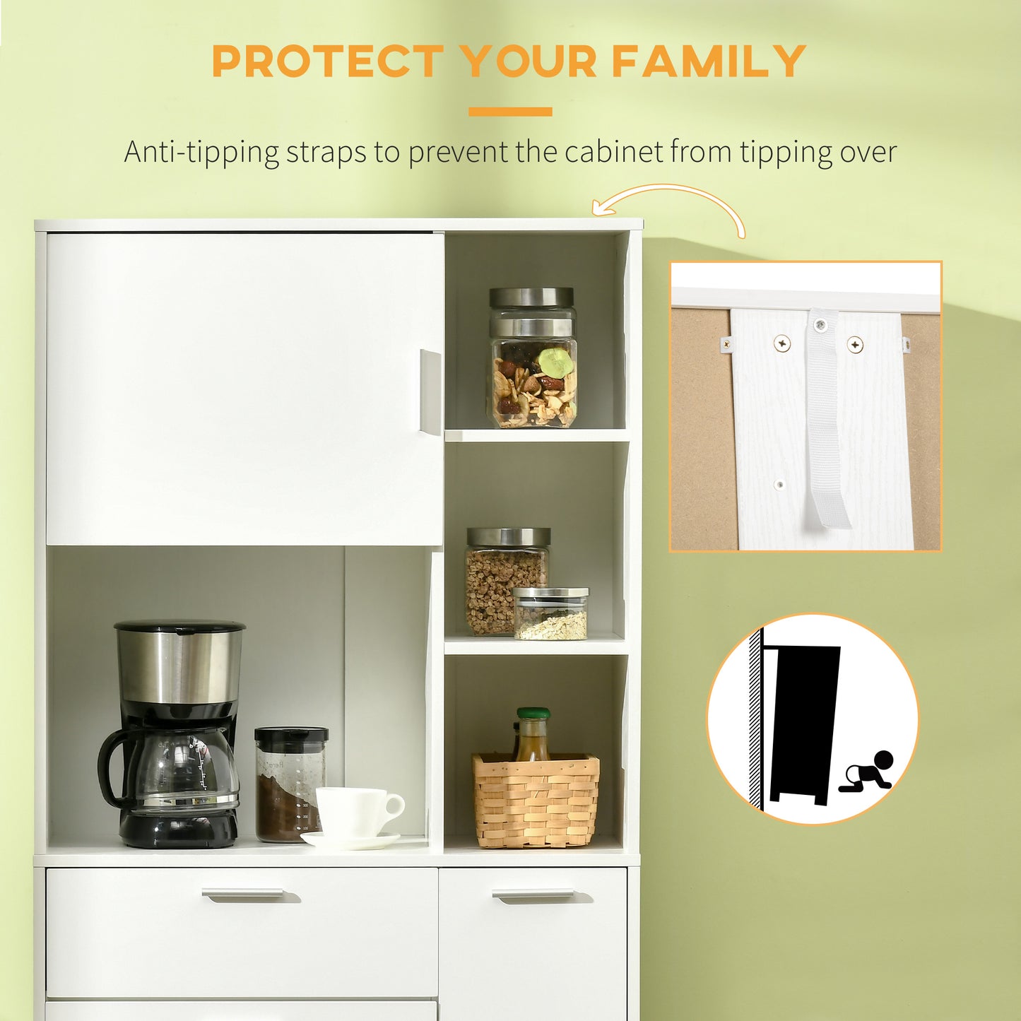 Kitchen Cupboard, Modern Kitchen Storage Cabinet with Shelves and Drawer, Free Standing Kitchen Units, 166 cm, White