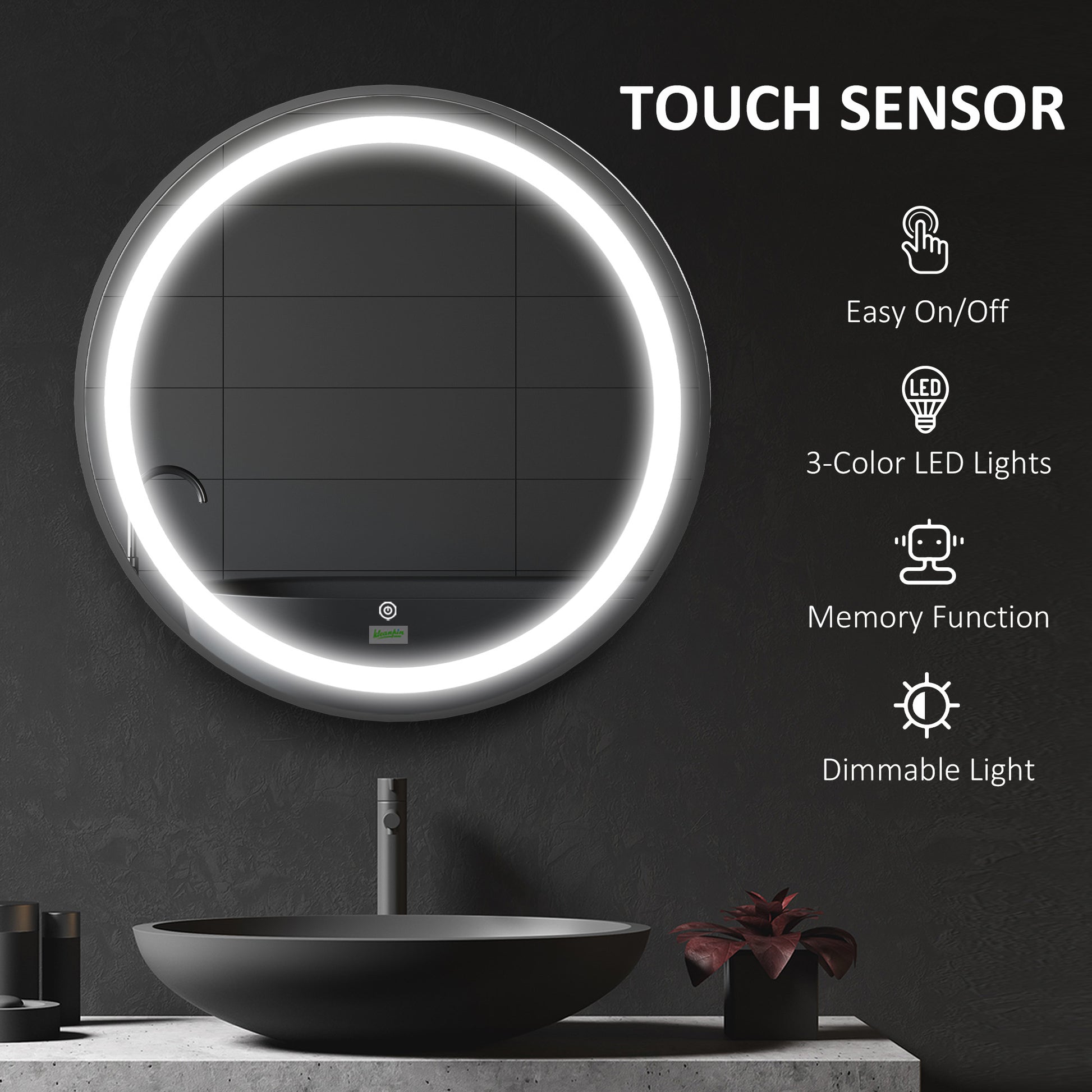 Round LED Bathroom Mirror, Dimmable Lighted Wall-Mounted Mirror with 3 Temperature Colours, Memory Function, Hardwired