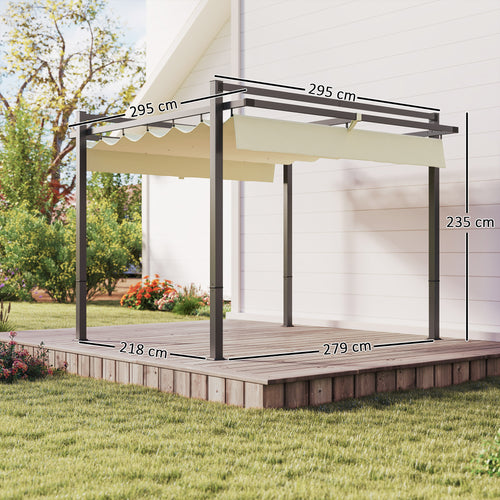3 x 3m Aluminium Pergola with Retractable Polyester Roof and Ground Stakes 295 x 295 x 235cm Grey and Khaki