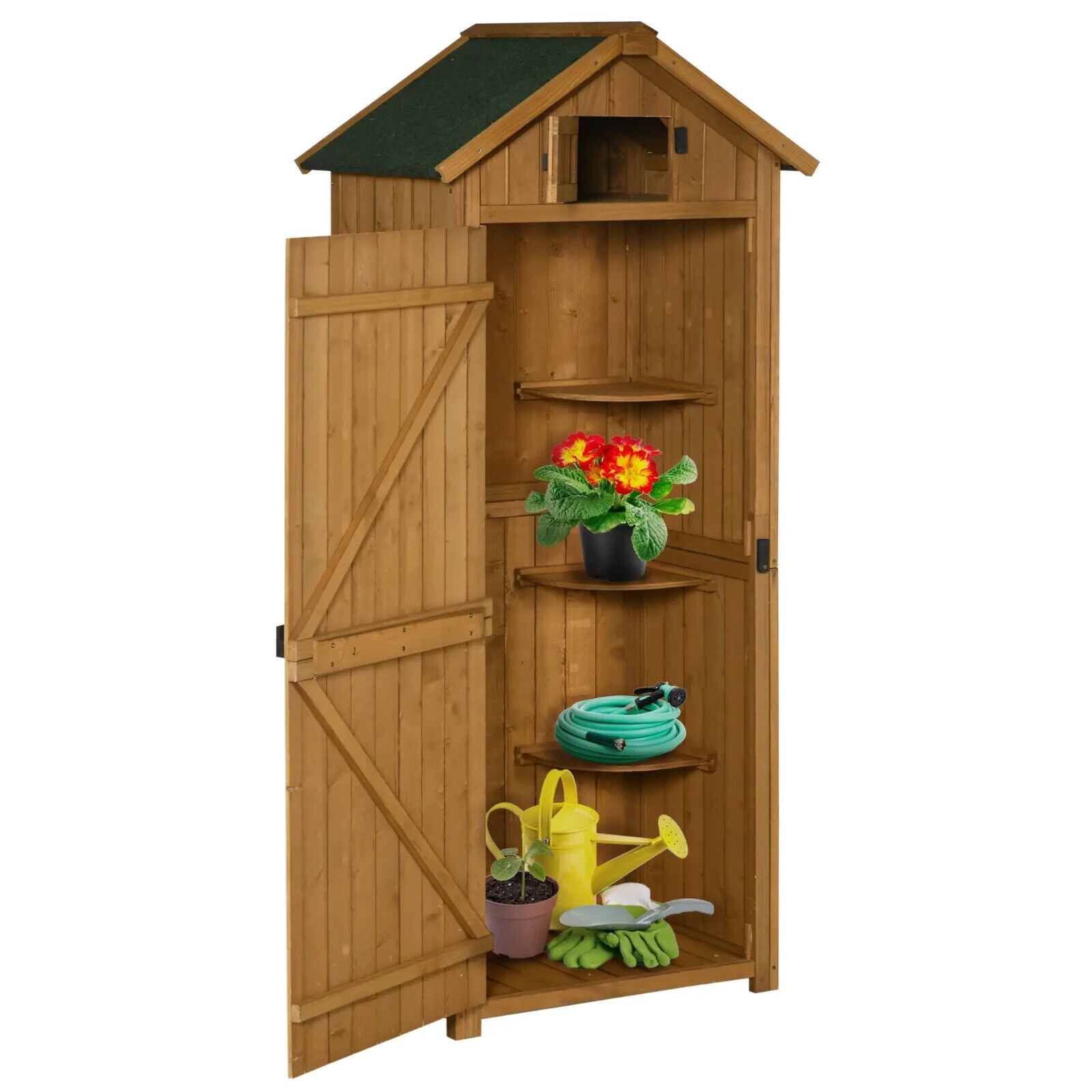 Garden Storage Shed Fir Wood Vertical Utility w/ 3 Shelves & Tool Storage Brown