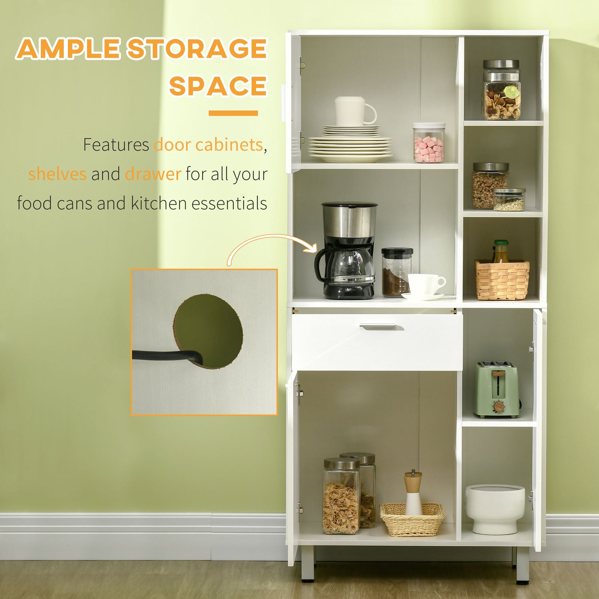 Kitchen Cupboard, Modern Kitchen Storage Cabinet with Shelves and Drawer, Free Standing Kitchen Units, 166 cm, White
