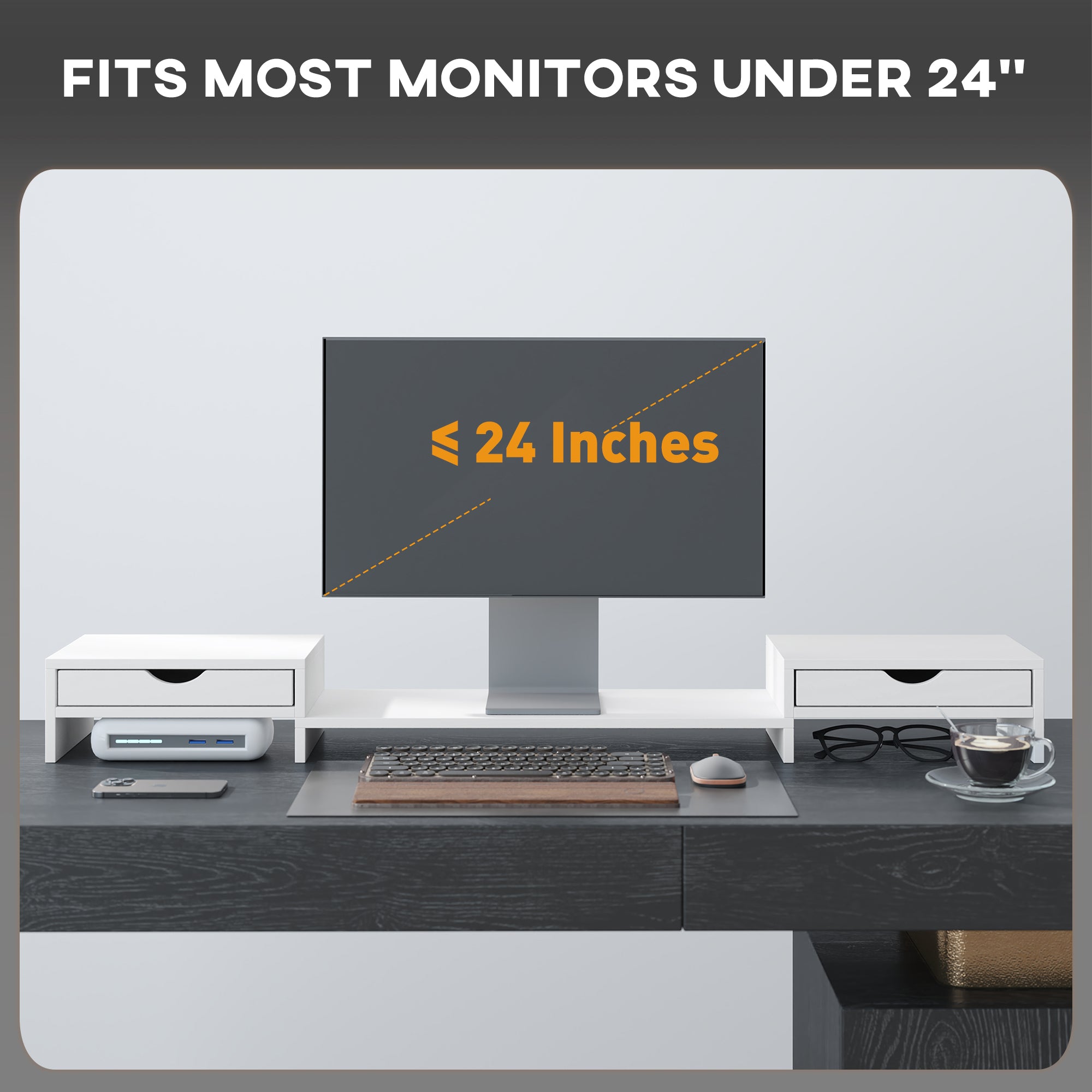 Dual Monitor Stand Riser with 2 Drawers Adjustable White | FOXDEN | FOXDEN