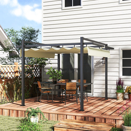 3 x 3m Aluminium Pergola with Retractable Polyester Roof and Ground Stakes 295 x 295 x 235cm Grey and Khaki