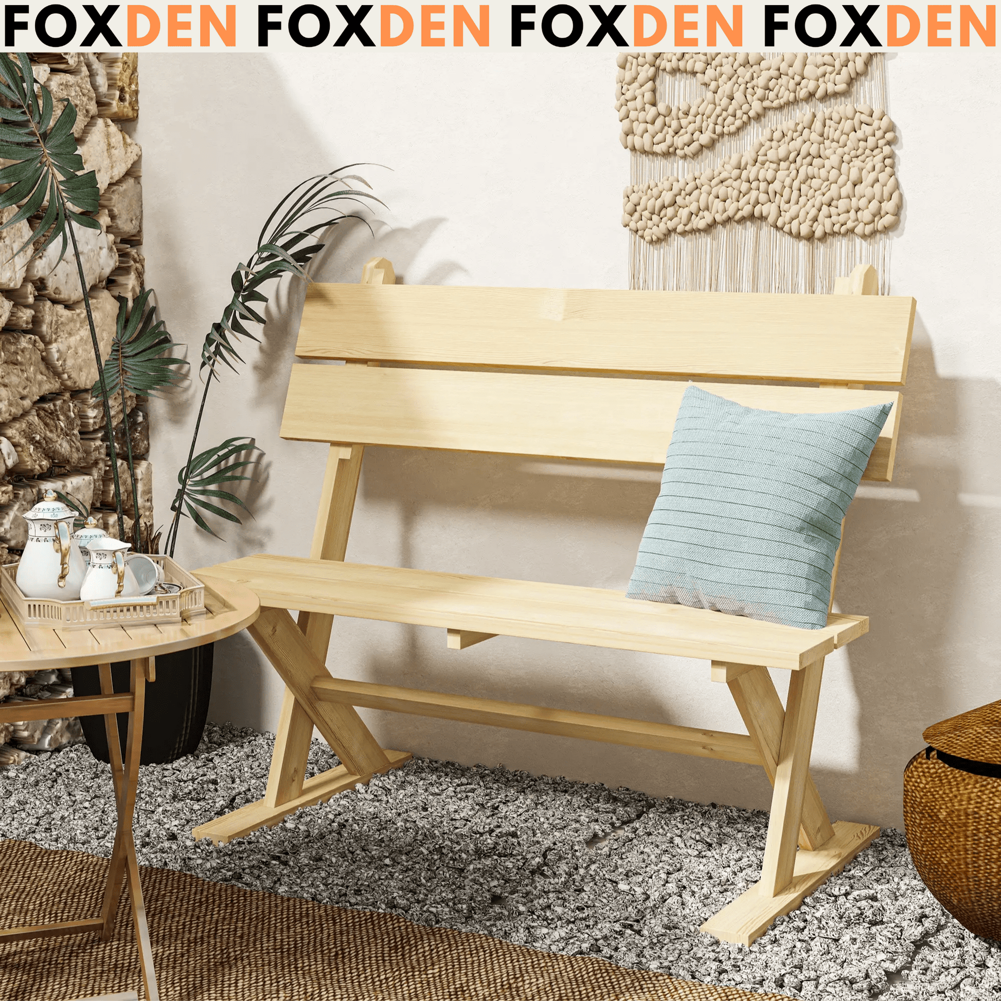 Outsunny Wooden Bench, 2 Seater, Slatted, Natural – Fir Wood Garden Seat with Wide Armrests, Sloping Backrest, and Breathable Design. Ideal for Patios, Yards, and Balconies.
