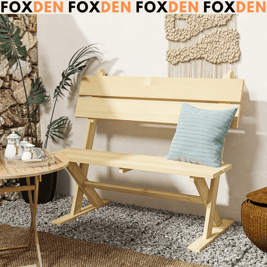 Outsunny Wooden Bench, 2 Seater, Slatted, Natural – Fir Wood Garden Seat with Wide Armrests, Sloping Backrest, and Breathable Design. Ideal for Patios, Yards, and Balconies.