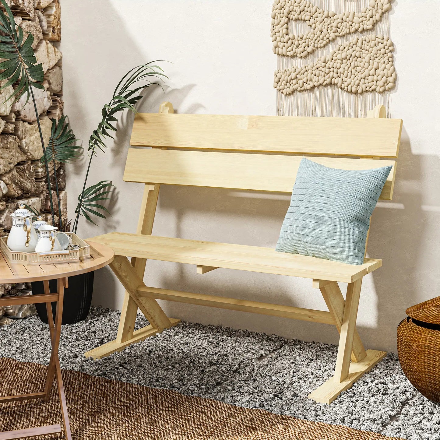 Outsunny Wooden Bench, 2 Seater, Slatted, Natural – Fir Wood Garden Seat with Wide Armrests, Sloping Backrest, and Breathable Design. Ideal for Patios, Yards, and Balconies.