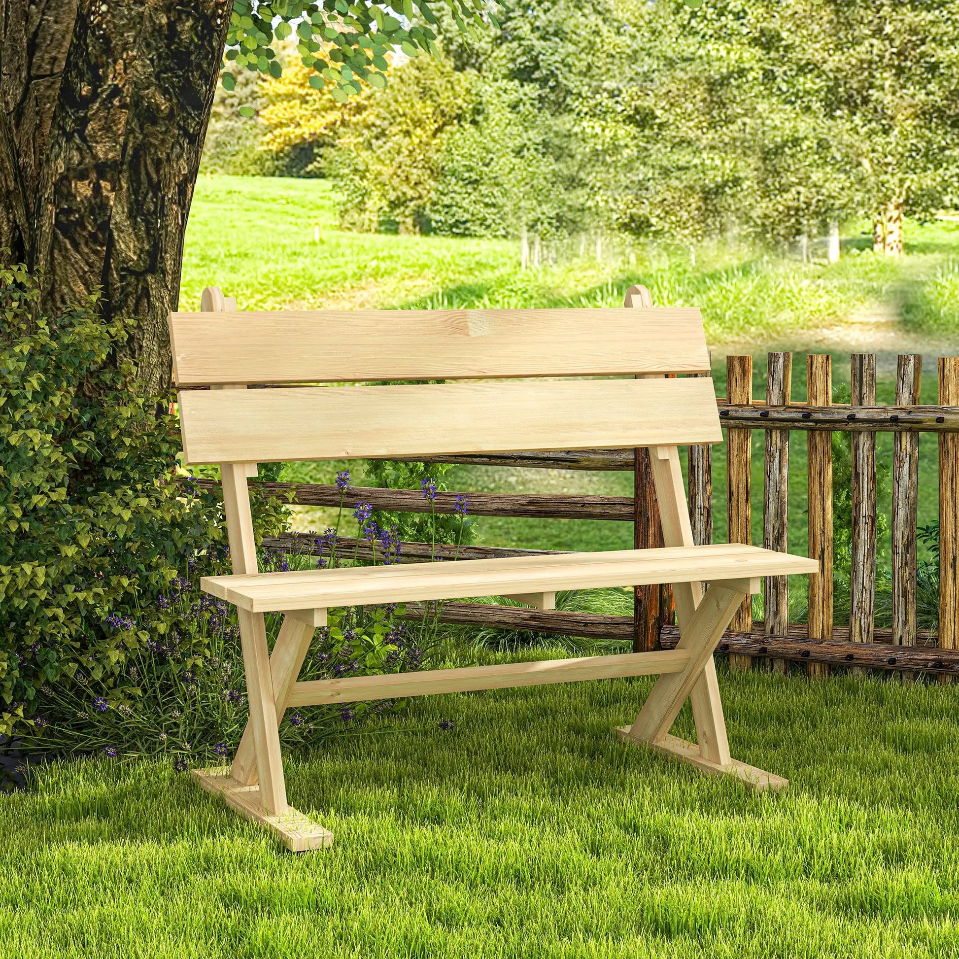 Outsunny Wooden Bench, 2 Seater, Slatted, Natural – Fir Wood Garden Seat with Wide Armrests, Sloping Backrest, and Breathable Design. Ideal for Patios, Yards, and Balconies.