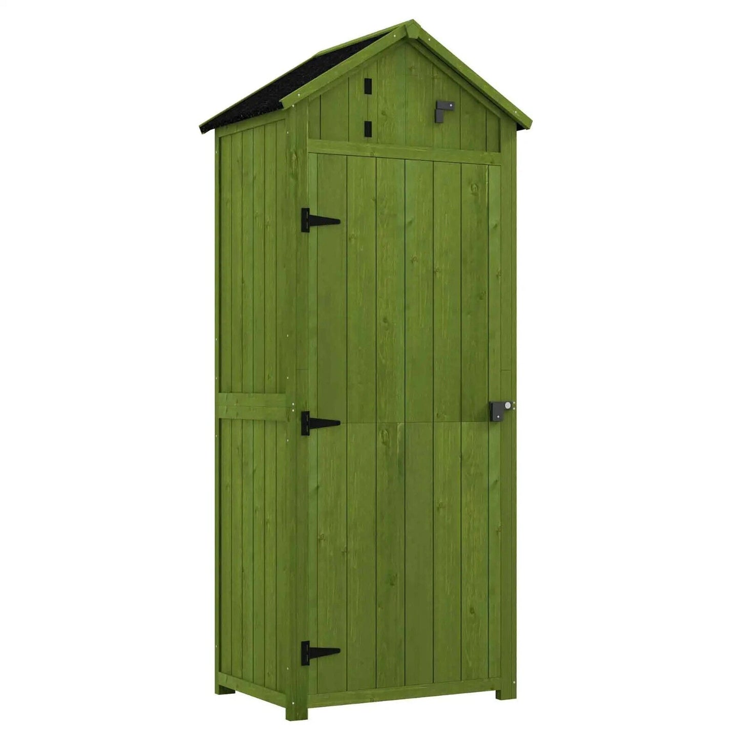 Outsunny Wooden Garden Storage Shed with 3 Shelves – Lockable Outdoor Tool Cabinet. Durable Fir Wood Construction with Asphalt Roof and Ventilation Window. Ideal for Organising Garden Tools and Equipment. Dark Green Colour.