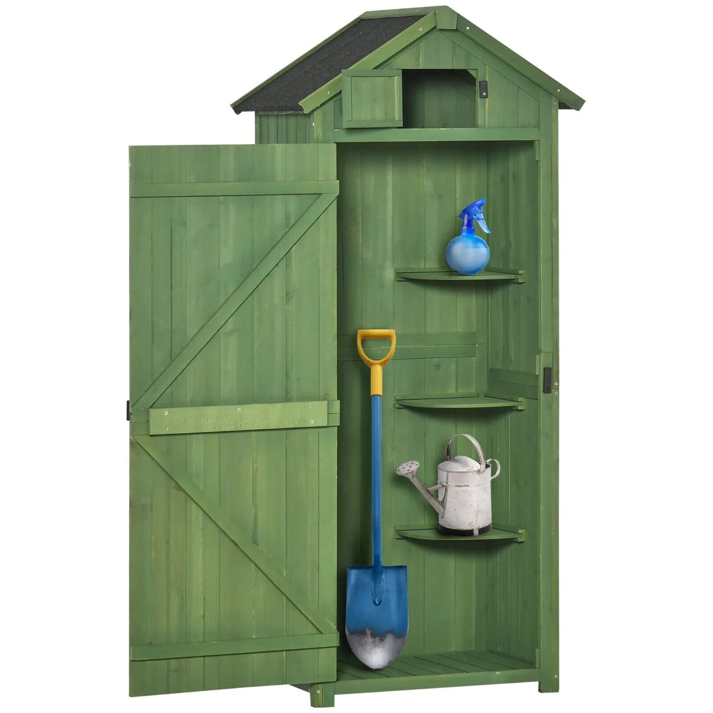 Garden Storage Shed Fir Wood Vertical Utility w/ Tool Storage & 3 Shelves Green