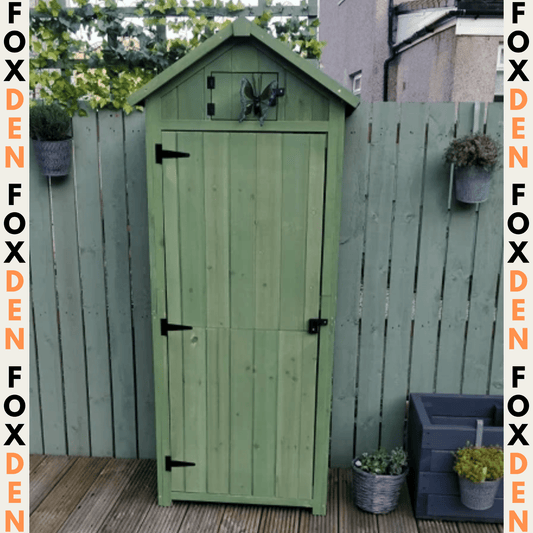 Garden Storage Shed Fir Wood Vertical Utility w Tool Storage & 3 Shelves Green