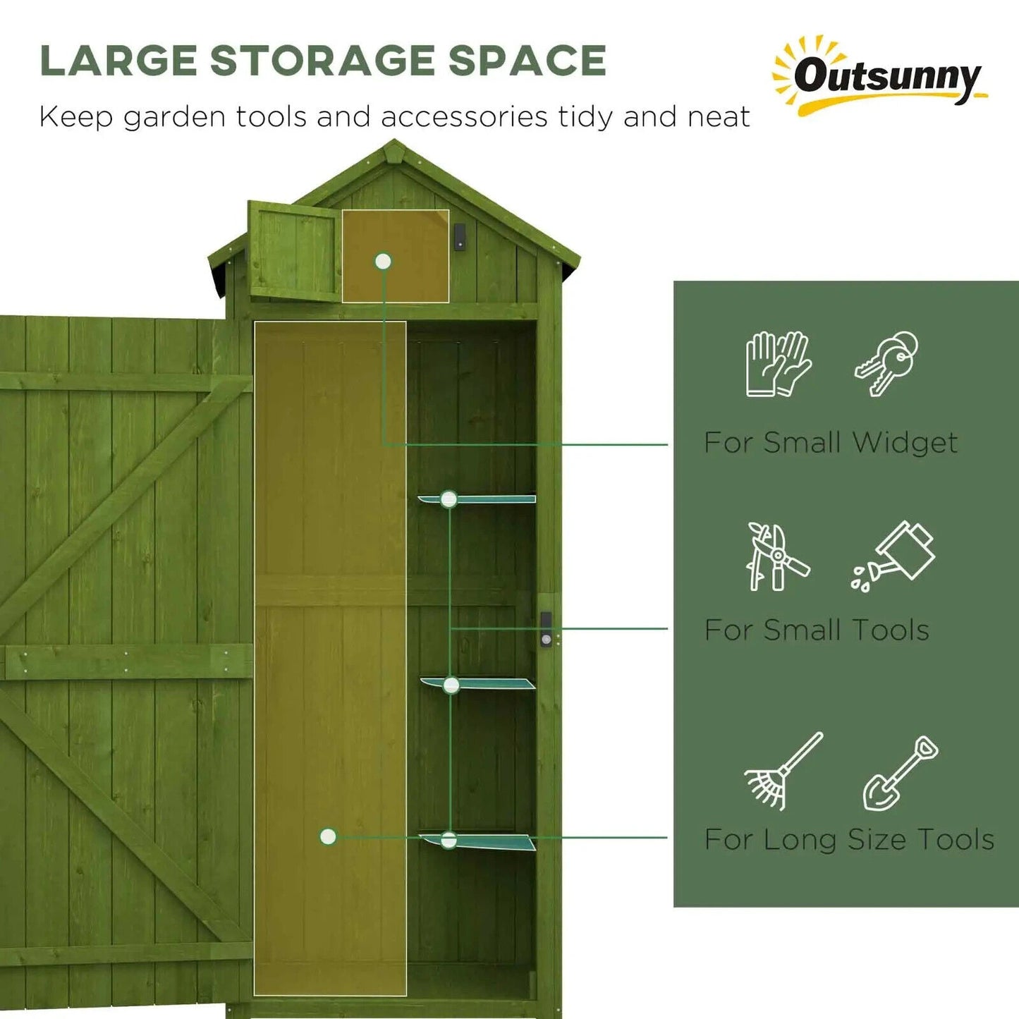 Garden Storage Shed Fir Wood Vertical Utility w/ Tool Storage & 3 Shelves Green