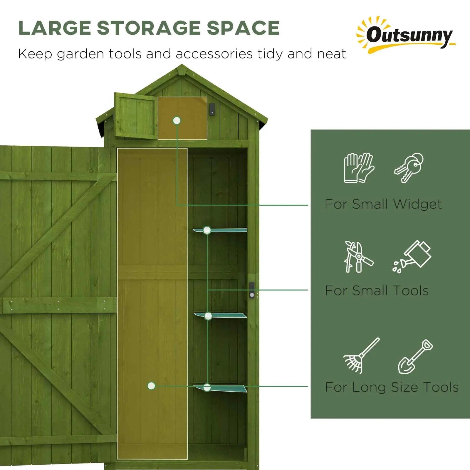 Garden Storage Shed Fir Wood Vertical Utility w/ Tool Storage & 3 Shelves Green